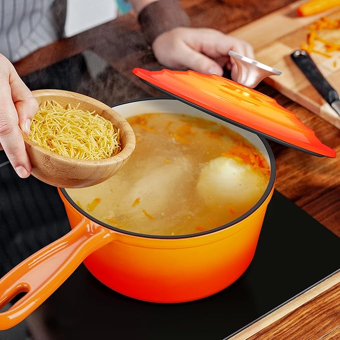 Enameled Cast Iron Sauce Pan with Lid, Leonyo 2 Quart Saucepan with Lid, Small Enamel Cast Iron Dutch Oven Kitchen Cookware for All Cooktops Making Pasta Sauce, Soup, Milk - Up to 500°F & Orange