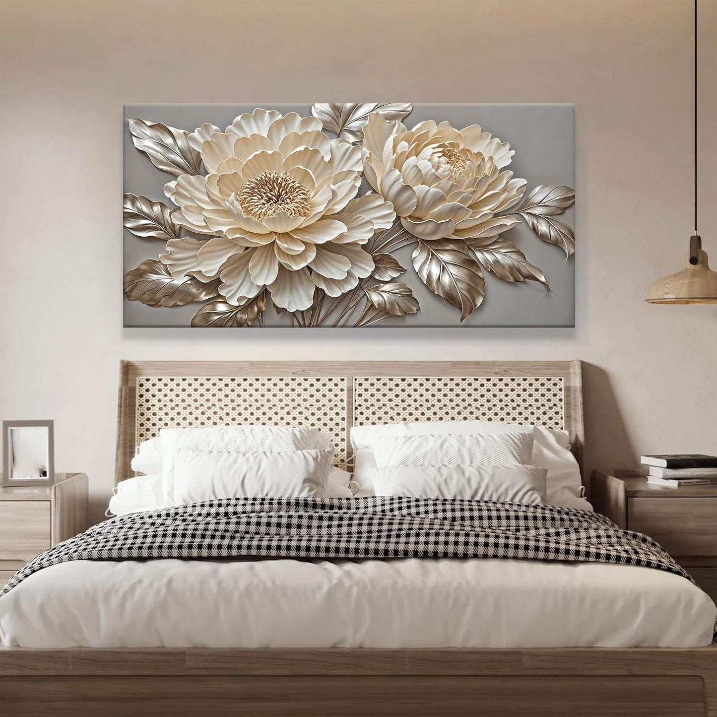 Tsomzxng White Wall Art Modern Flower Wall Decor Canvas Prints Picture White Flower Canvas Art Wall Decor Modern Elegance Wall Artwork Bedroom Living Room Office Home Decoration 24" X 48"