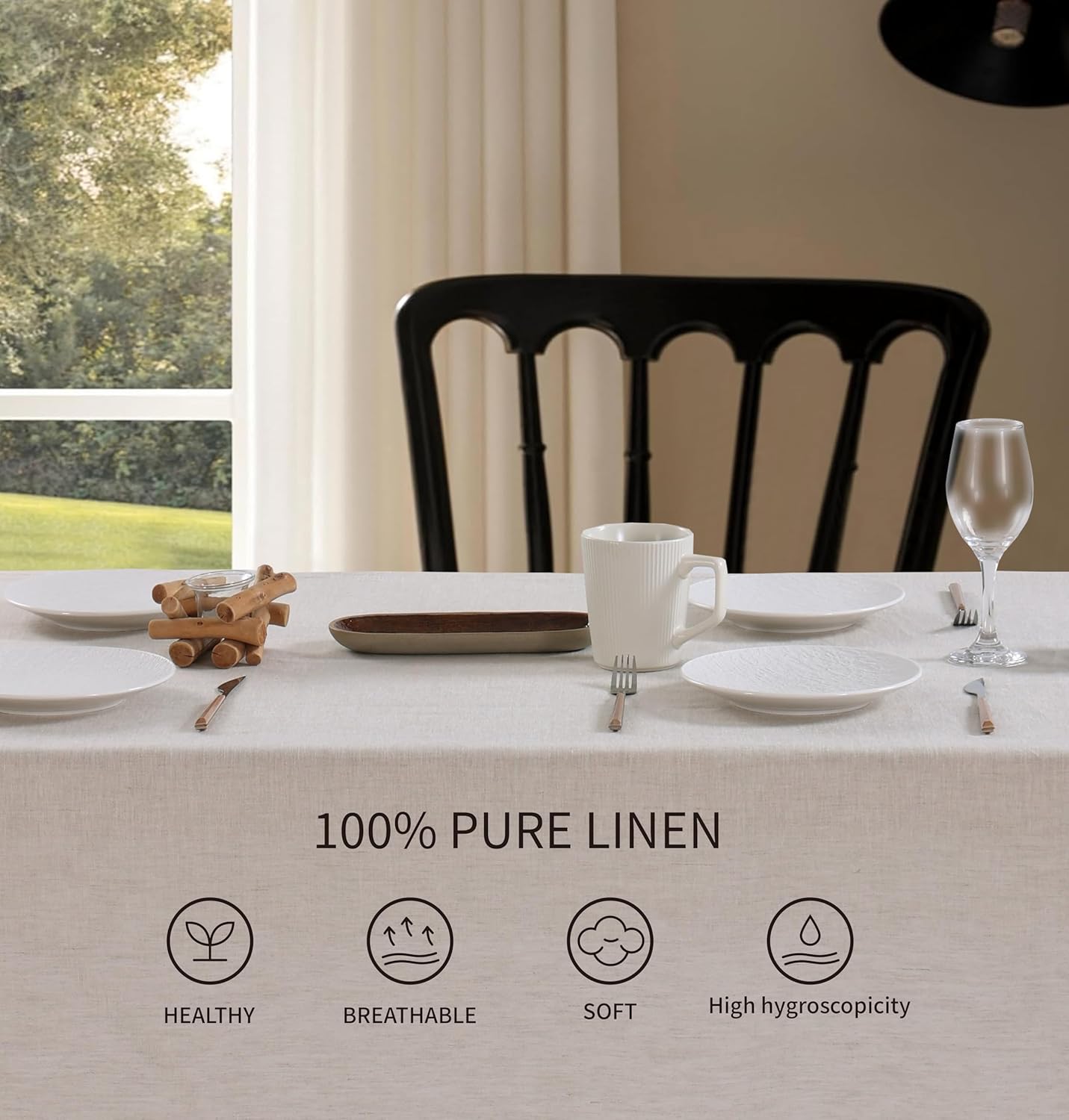 100% French Flax Linen Scalloped Embroidery Rectangle Tablecloths 108Lx60W Inch for Dinners, Parties, Spring, Machine Washable, 8-10 Sets, Linen(Edges-Gold)