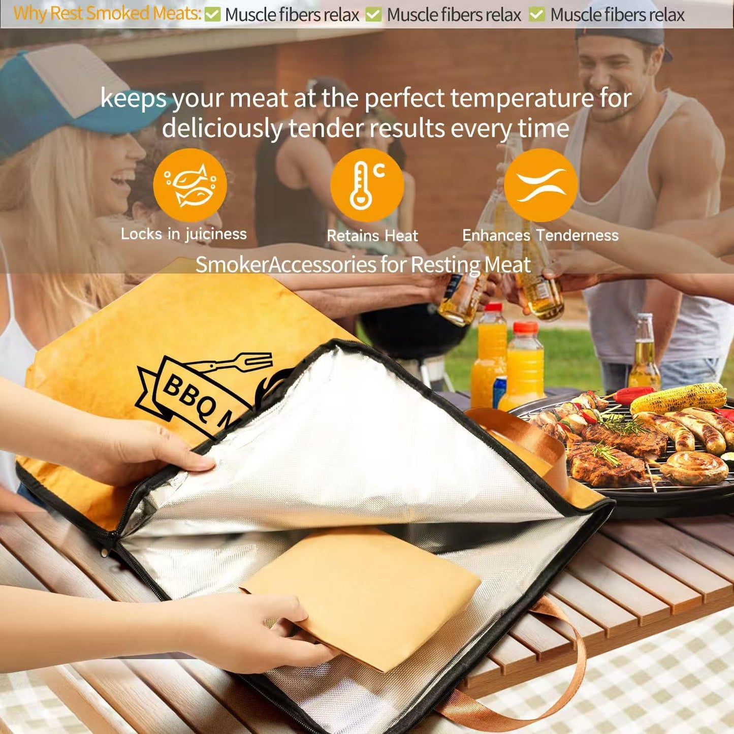 BBQ Blanket for Resting Meat, Insulated Thermal Bag with Leak-Proof Base | Wide Mouth 5-Layer Heat Retention Blanket for Turkey, Pork Shoulder & Beef | Christmas Gifts for Men, Dad, Grill Lovers (21 Inch)