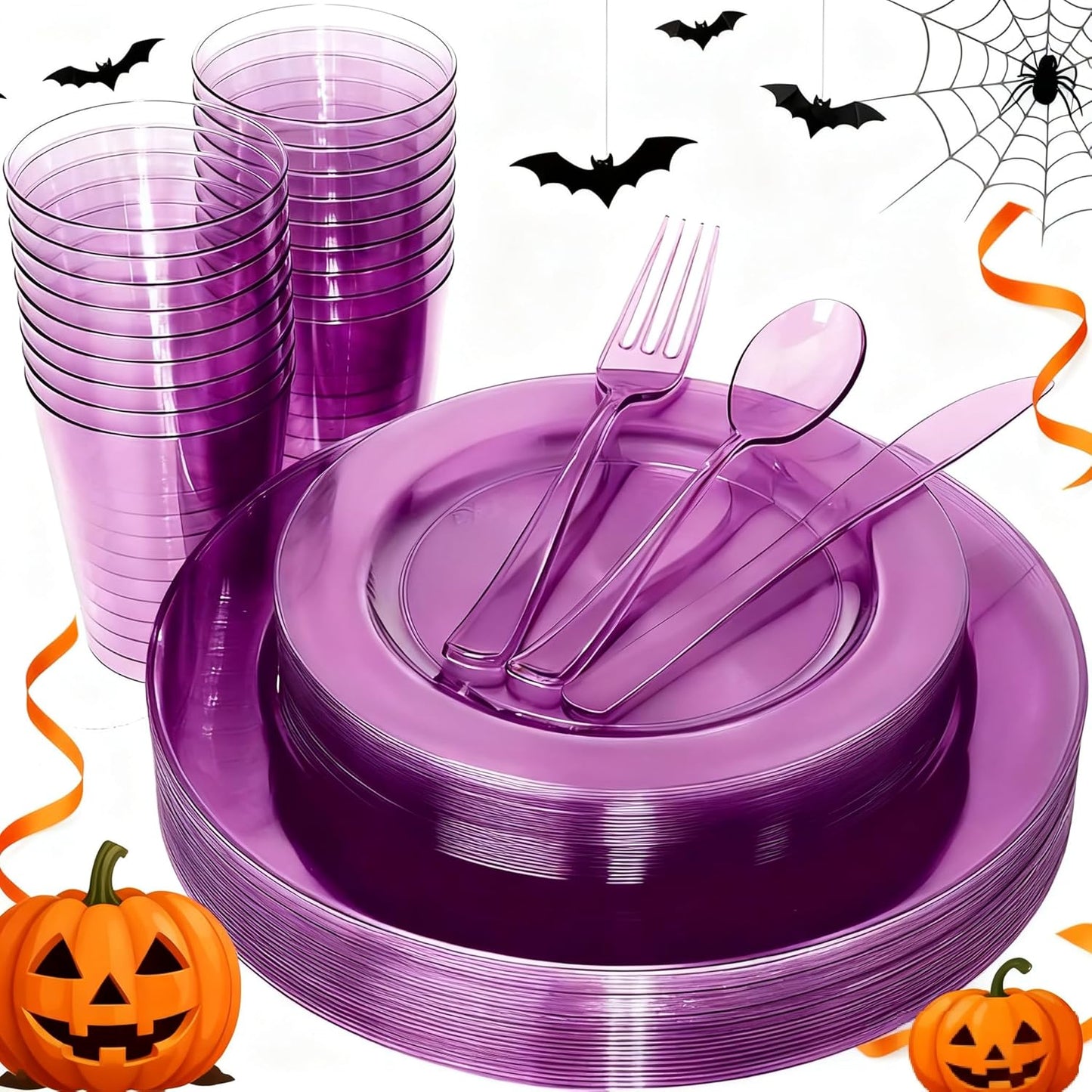 WDF 25 Guest Purple Plastic Plates with Disposable Silverware & Plastic Cups include 25 Neon Clear Purple Dinner & Salad Plates,25Forks, 25Knives,25 Spoons,25Cups for Party