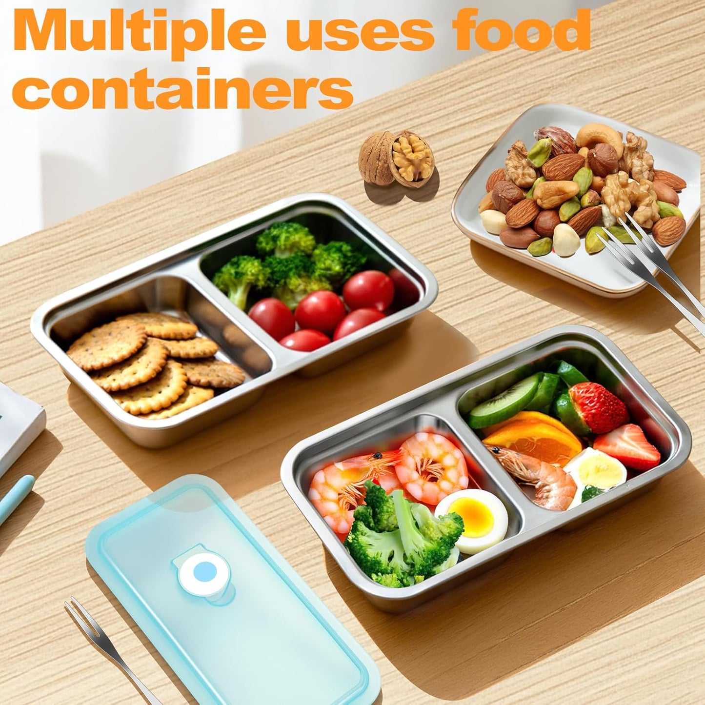 Stainless Steel Snack Containers with Lids, Reusable 2 Compartment Stainless Steel Bento Lunch Box, Food Storage, 4 Pack with Forks, Leak Proof, Dishwasher-Safe, Grab and Go for Work, Travel