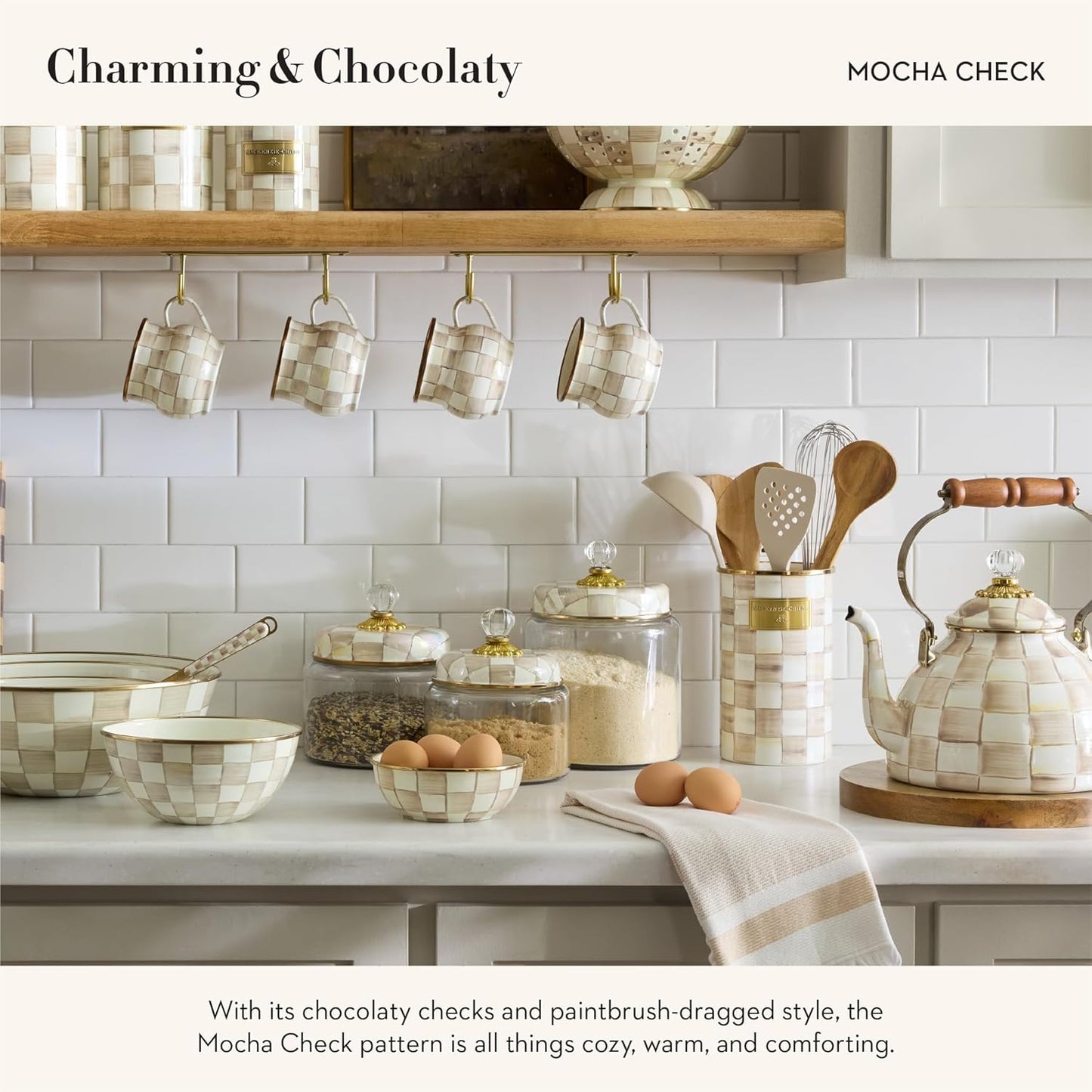 MACKENZIE-CHILDS Enamel Abundant Bowl, Decorative or Serving Bowl, 13-Cup Capacity, Brown-and-White Mocha Check