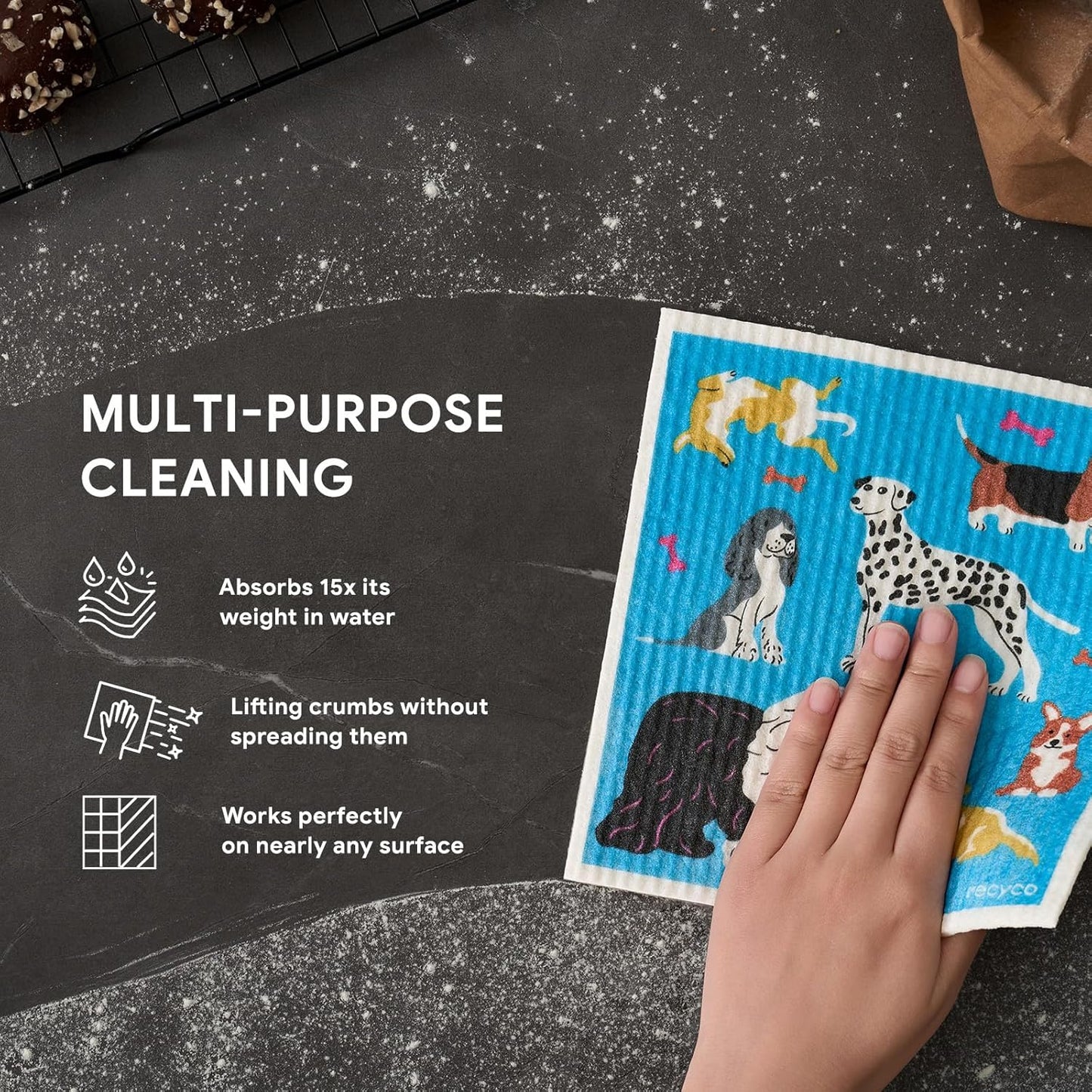 RECYCO Swedish Dishcloths for Kitchen | 6 Pack Doggy Daydreams Washable Dish Rags | Cellulose Reusable Cleaning Paper Towels | Absorbent Counter Dish Cloth Sponge Kitchen Wipes, 8" L x 7" W