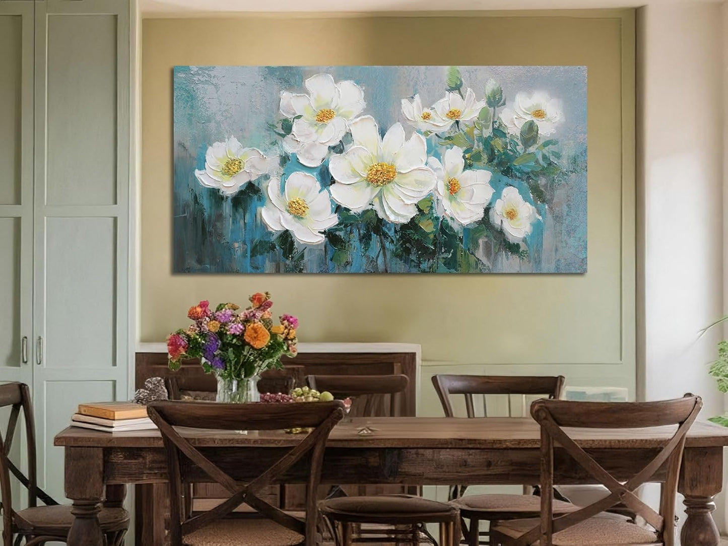 Ardemy White Floral Canvas Wall Art Extra Large Teal Textured Pictures Wall Decor Turquoise Paintings Artwork for Living Room Bedroom Home Office, 58"x29"