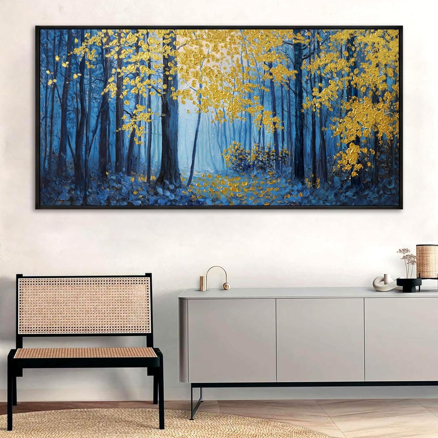 KLAKLA Blue and Gold Tree Wall Art - Birch Tree Forest Painting Pictures Framed Artwork for Living Room Bedroom Office Canvas Print Art Gorgeous Landscape Wall Art Home Decoration - 58x29 Inches