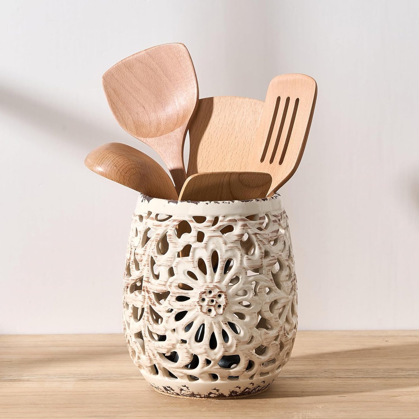 Farmhouse Kitchen Utensil Holder for Kitchen Counter, Ceramic Large Cooking Utensil Crock with Cork Mat, Countertop Cooking Tool Spatula Organizer, Beige Antique Design