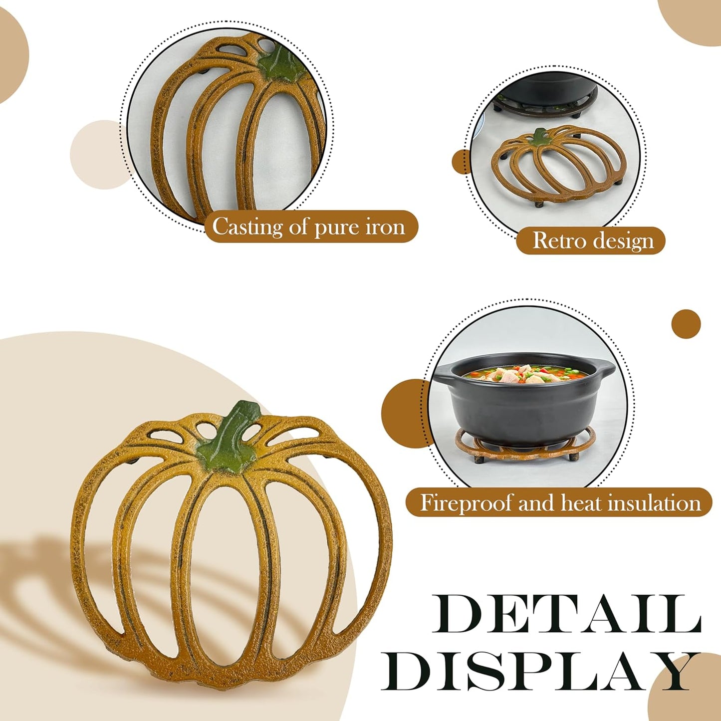 2 Pack Cast Iron Trivet, 7 inch Pumpkin Metal Trivet for Hot Dishes, Heat-Resistant Decorative Trivets for Kitchen and Dining Countertop Protection