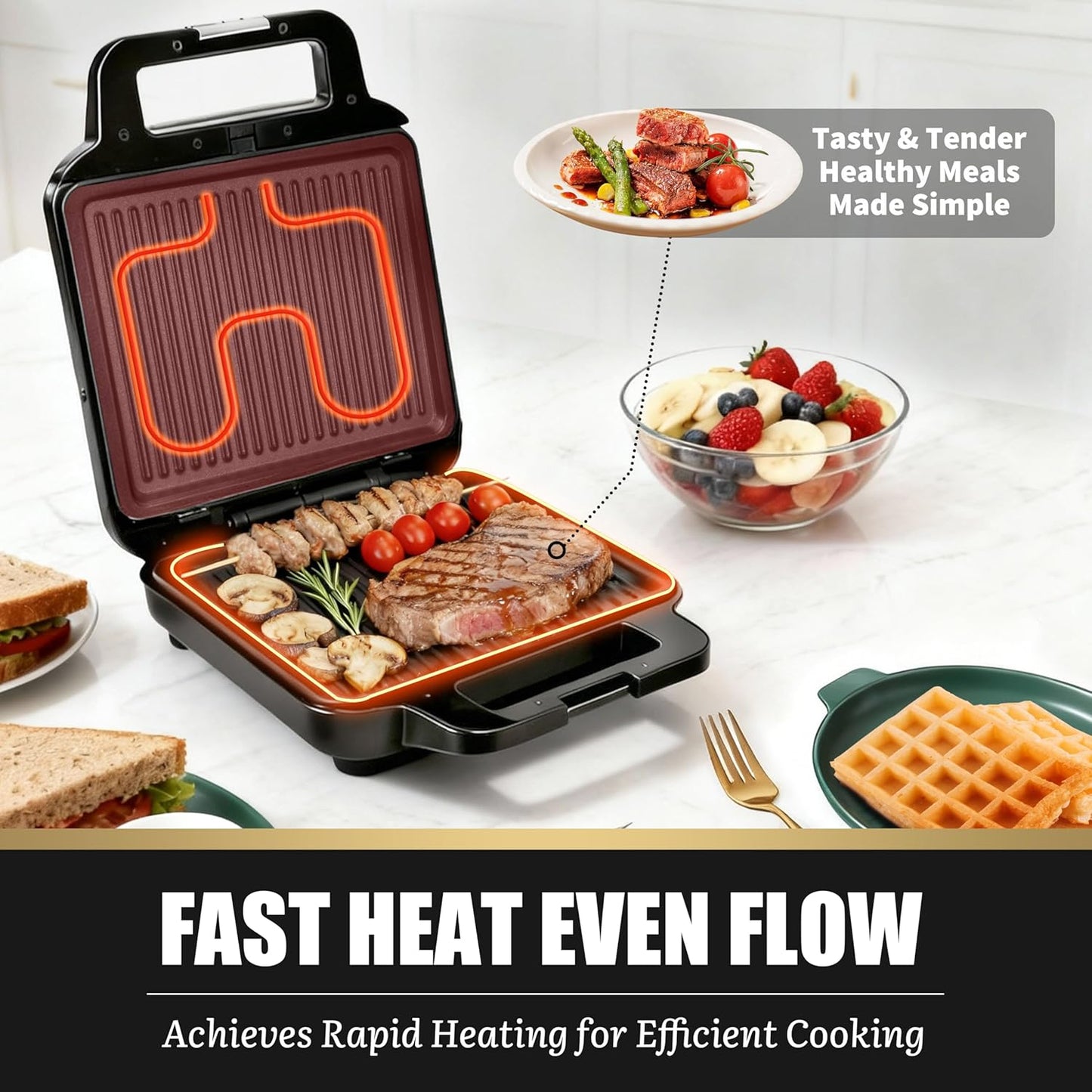 Belgian Waffle Maker with Removable Plates, Waflera Electrica, Large Waffle Iron, 3 in 1 Panini Grill Press Breakfast Sandwich Maker, Electric Griddle, Grilled Cheese Maker, Breakfast Station