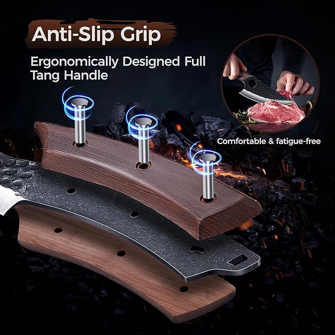 Meat Cleaver Butcher Knife Set of 13, Hand Forged Santoku Knife Paring Knife, High Carbon Steel Kitchen Boning for Meat Cutting with Roll Bag & Accessories Kitchen BBQ Gift for Men