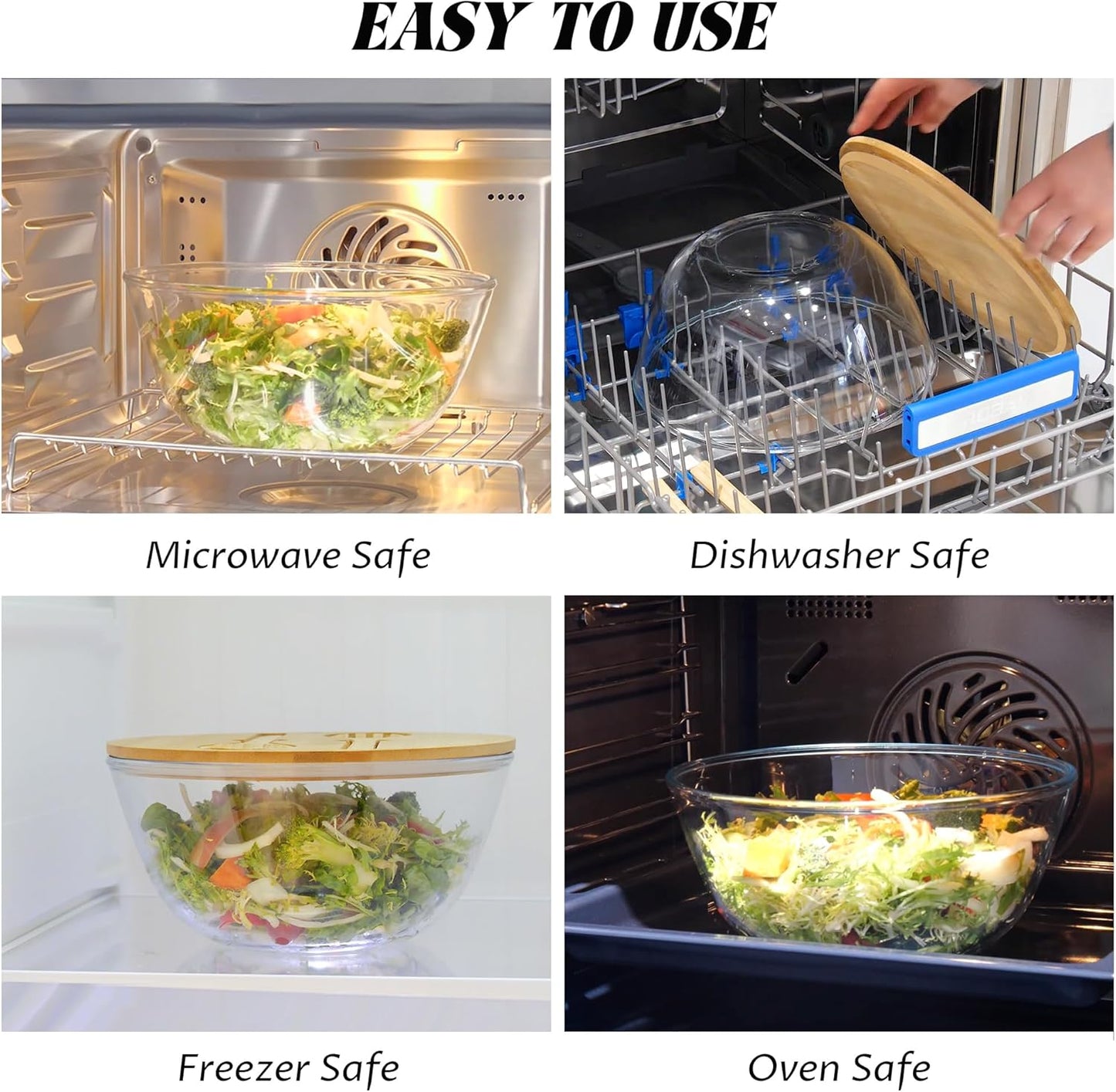 10.6" Glass Salad Bowl with Lid, 4.7 Quart Large Capacity Serving Bowls and Mixing Bowls with Utensils, Versatile Serving Dish for Salads,Fruits,Pasta,Popcorn,Trifle Bowl, Microwave Safe