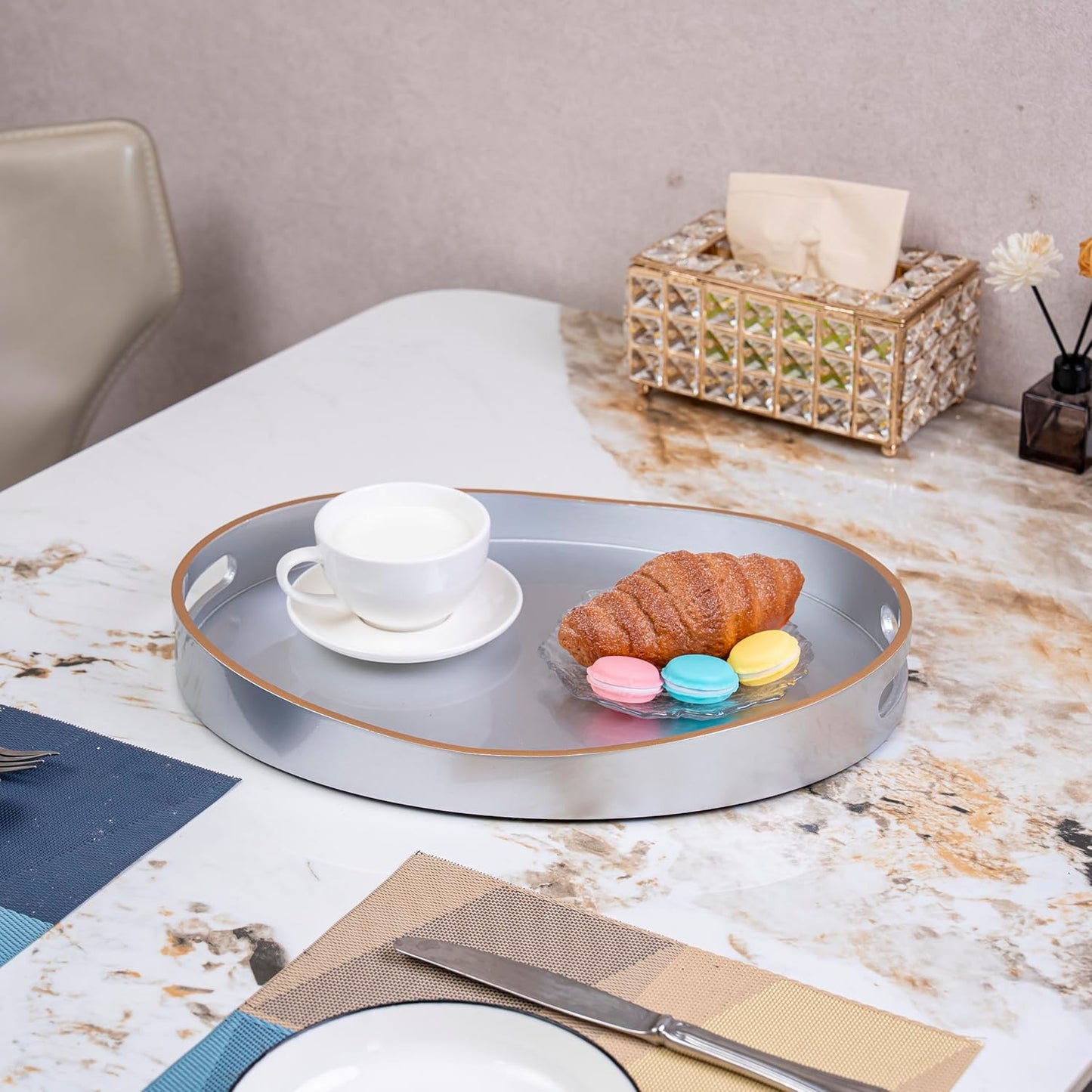 PEMAR 15.7" x 11.8" Oval Lacquer Serving Tray, Handmade Polished Coffee Table Tray w Insert Handles, Luxury Decorative Platters for Dining, Party, Dinner, Breakfast in Bed (Silver)