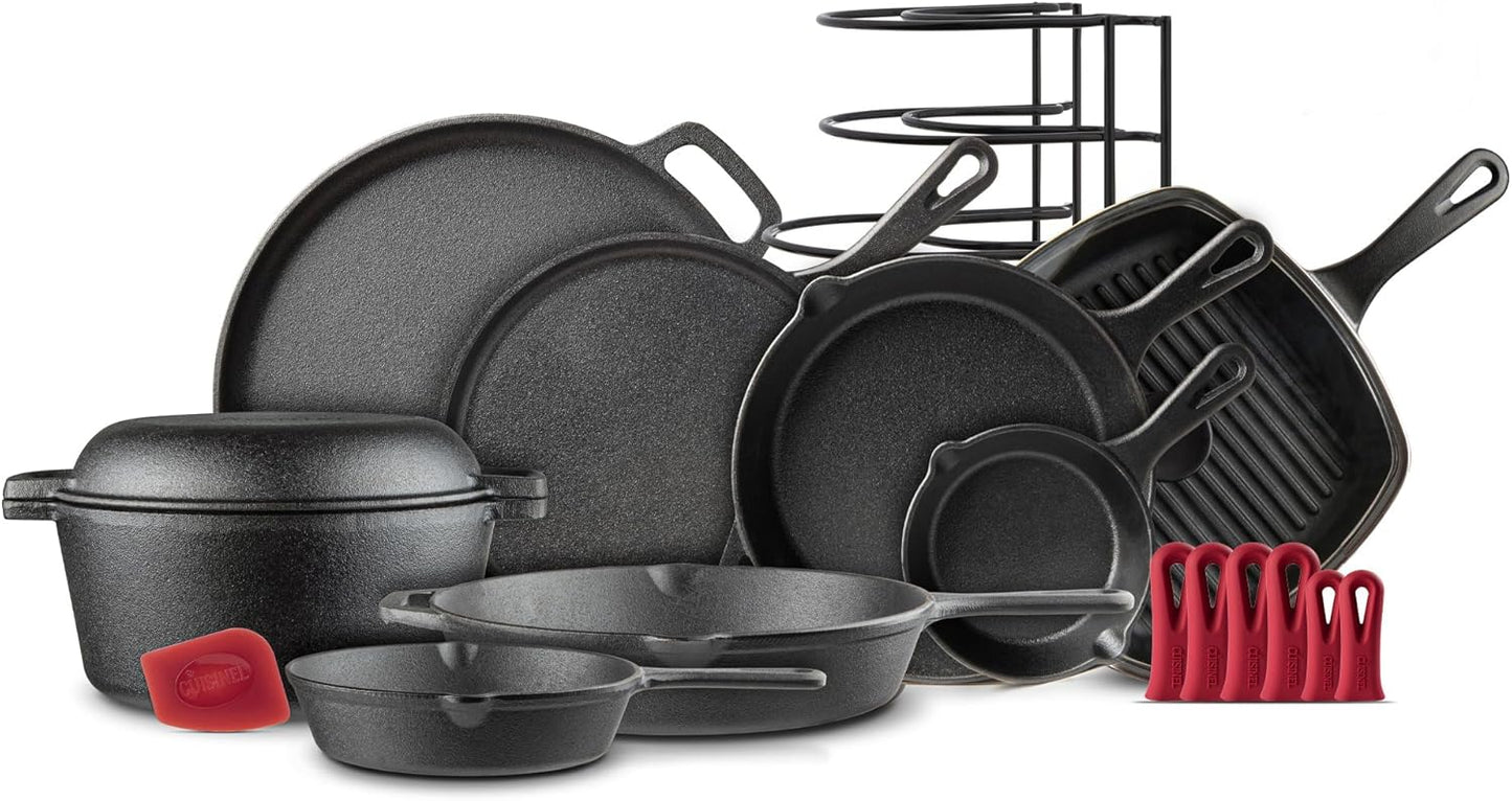 Cuisinel Cast Iron Cookware 18-Piece Set - Pre-Seasoned 6" + 8" + 10" + 12" Skillet + Grill Pan+Lid + Griddle + Pizza Pan + Dutch Oven+Pan Cover + Panrack + Silicone Handle Grips + Pan Scraper/Cleaner