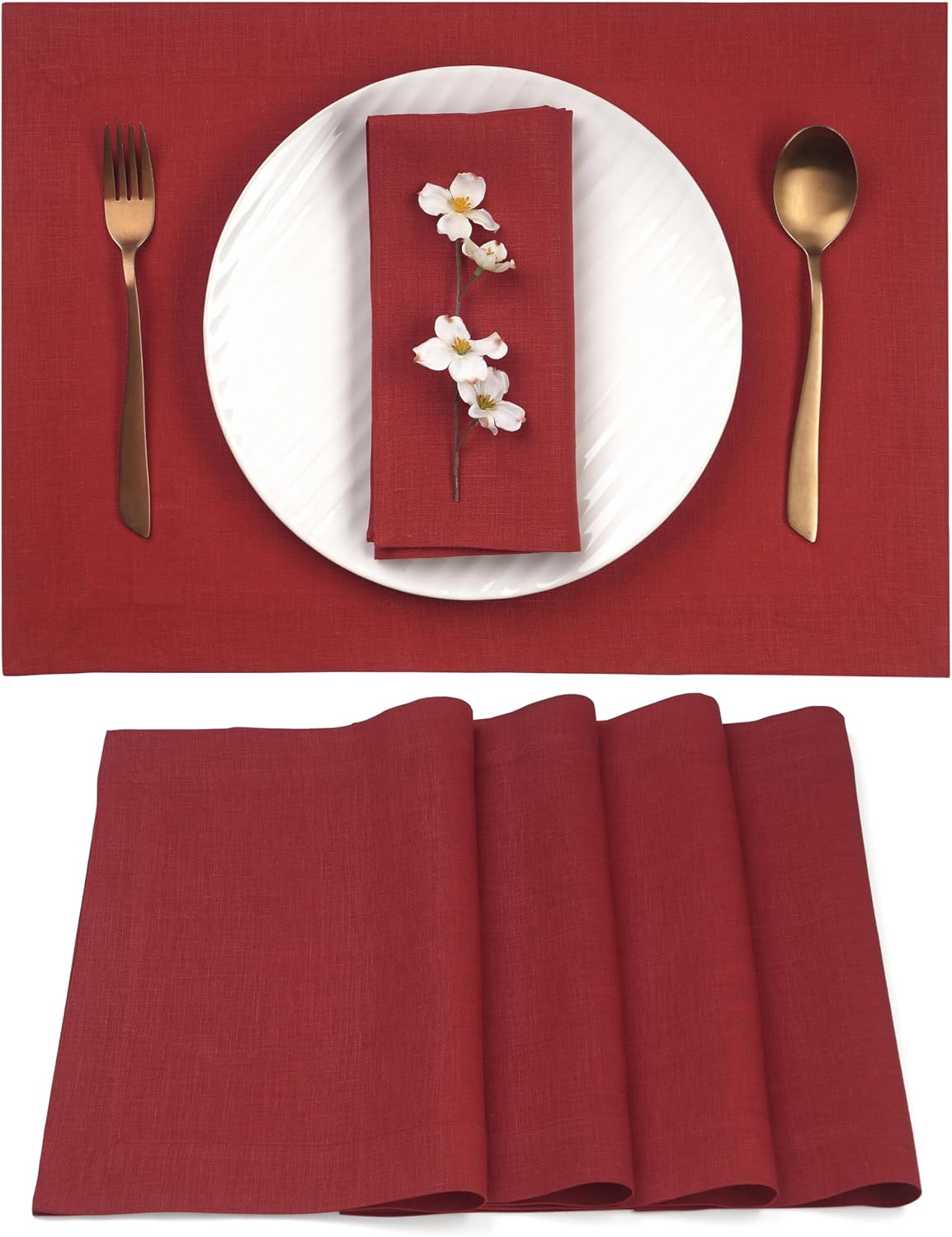 D'Moksha Homes Linen Red Placemats Set of 4-100% Pure Linen Placemats 14 x 19 Inch for Fall, Autumn and Halloween - Handcrafted and Machine Washable
