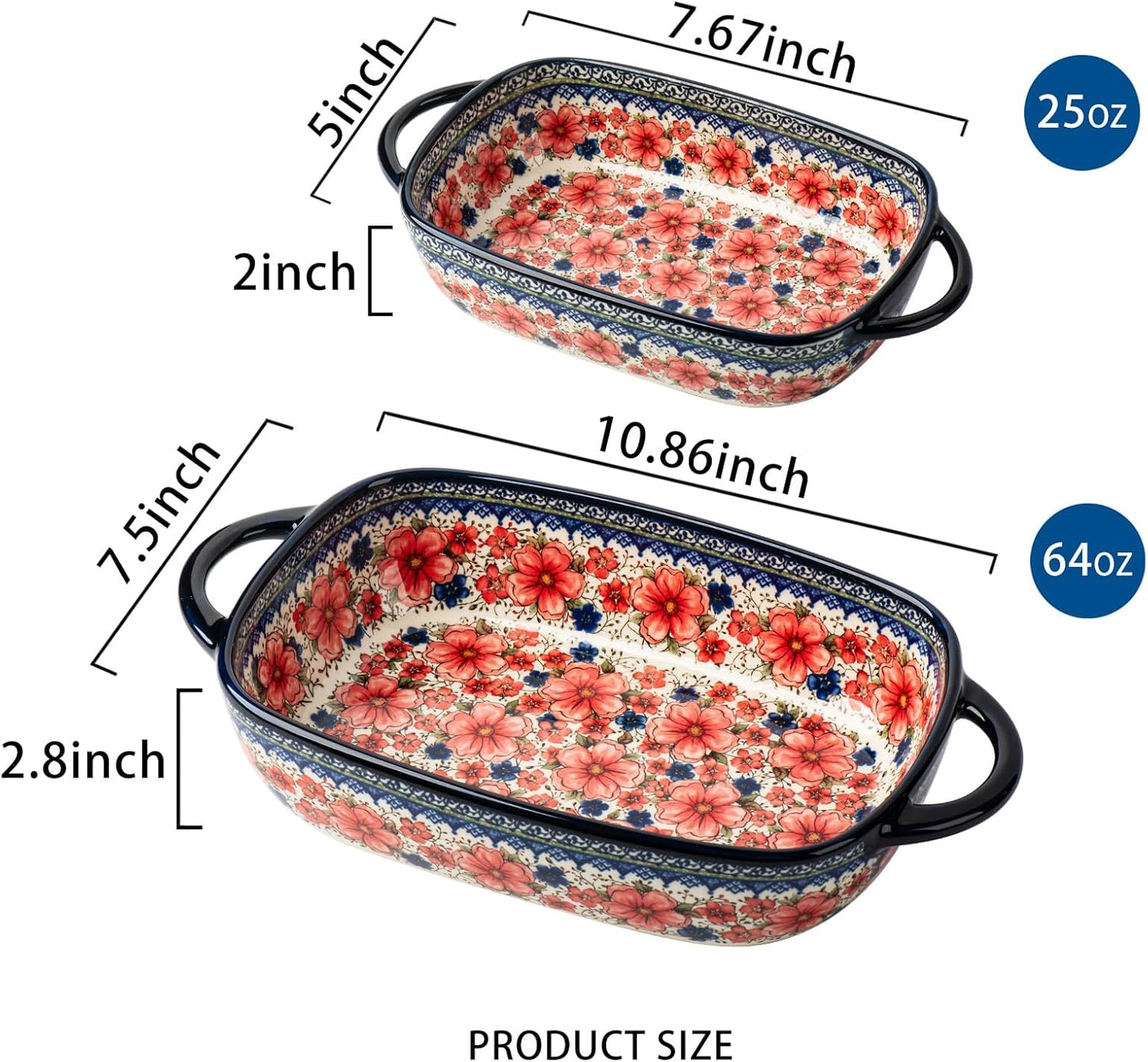 Baking Dish Ceramic Baking Pan Blue Casserole Dish Porcelain rectangular Baking Set 2pcs Bakeware Sets Lasagna Pan Baking Dishes for oven(Pum flower)