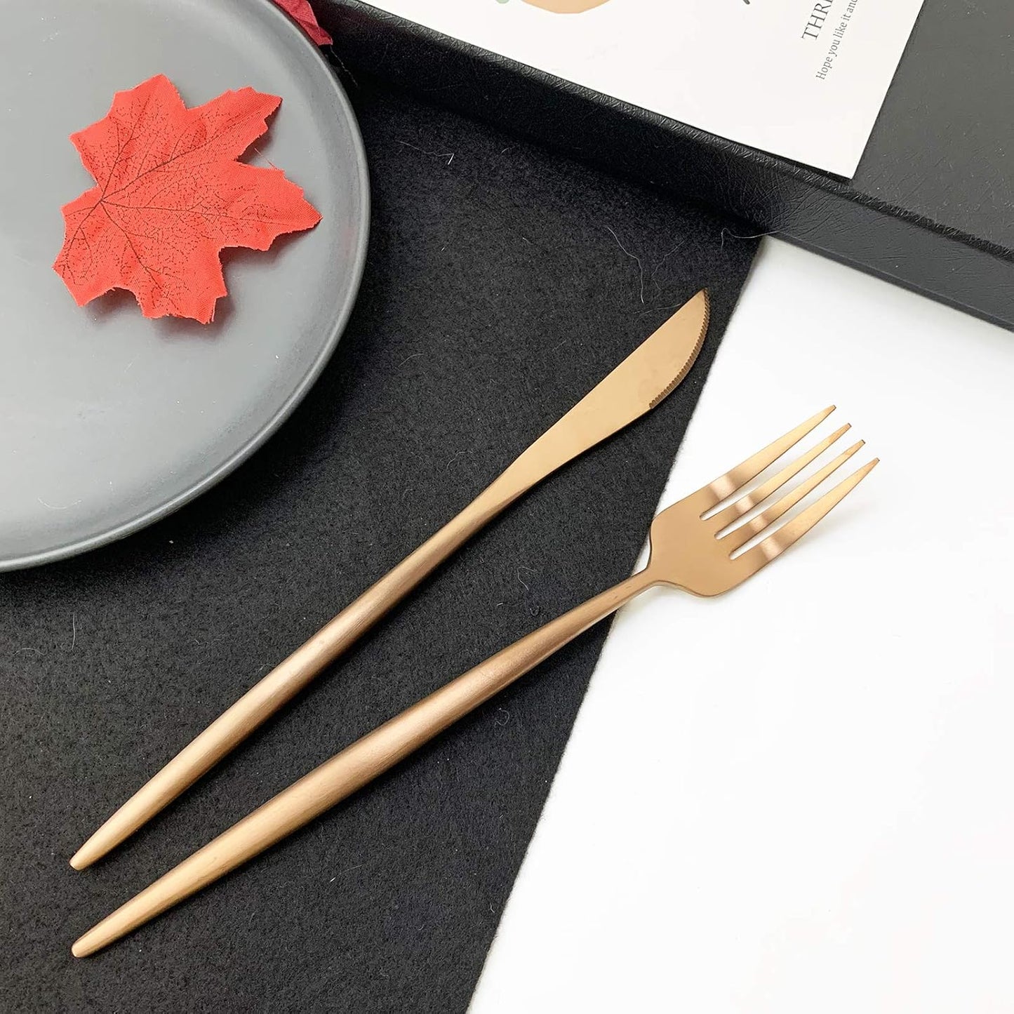 JASHII 18/10 Rose Gold Flatware Set - 304 Stainless Steel, Copper Cutlery - 6-Piece Adaline Royal Modern Satin Finish for Birthday, Wedding (Rose Gold Matte)