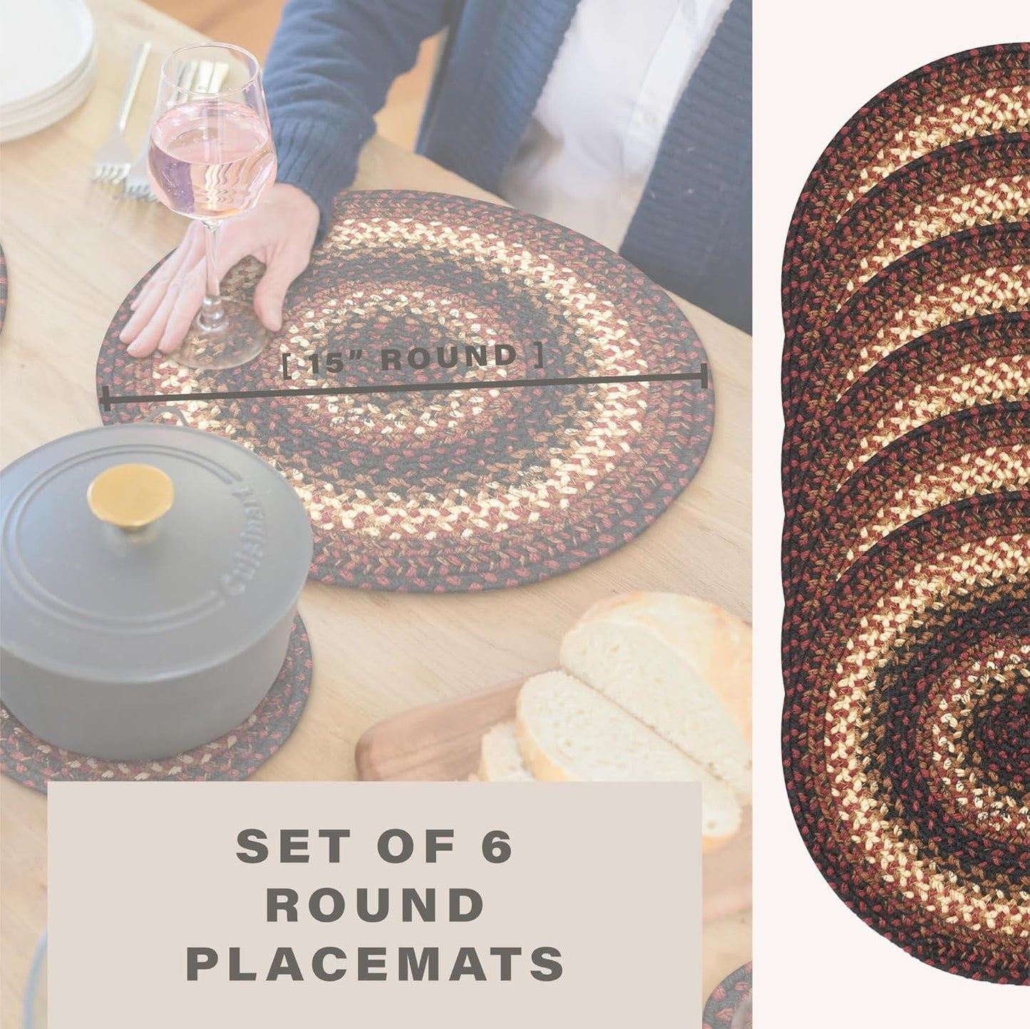 Prescott Jute Woven Round Placemats Set of 6, 15", Country Primitive Decor, Black and Red Table Mats - Vibrant Colors, Durable, Easy to Clean and Protects Furniture