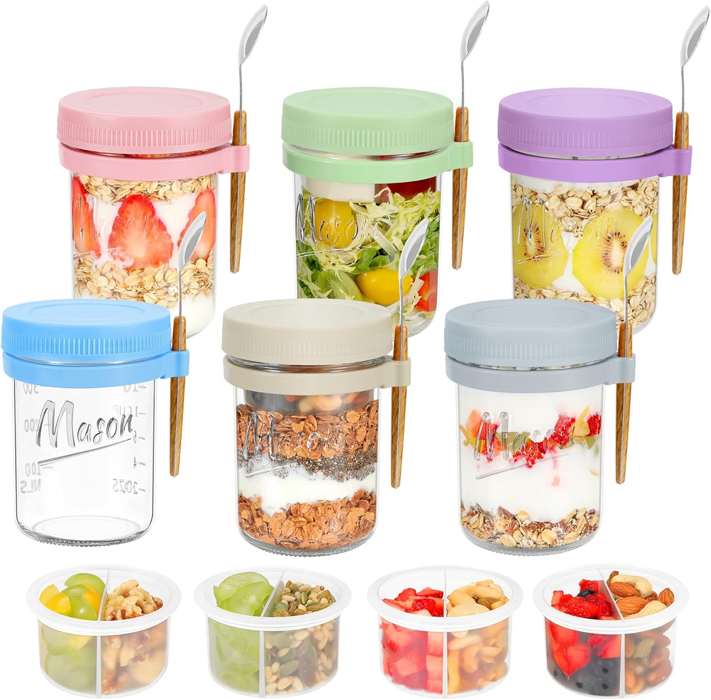 6 Pack Overnight Oats Containers with Lids and Spoons, 16 oz Mason Jars with Removable Separate Compartments, Airtight and Leak-Proof Glass Jars for Chia Pudding, Yogurt, and Oatmeal