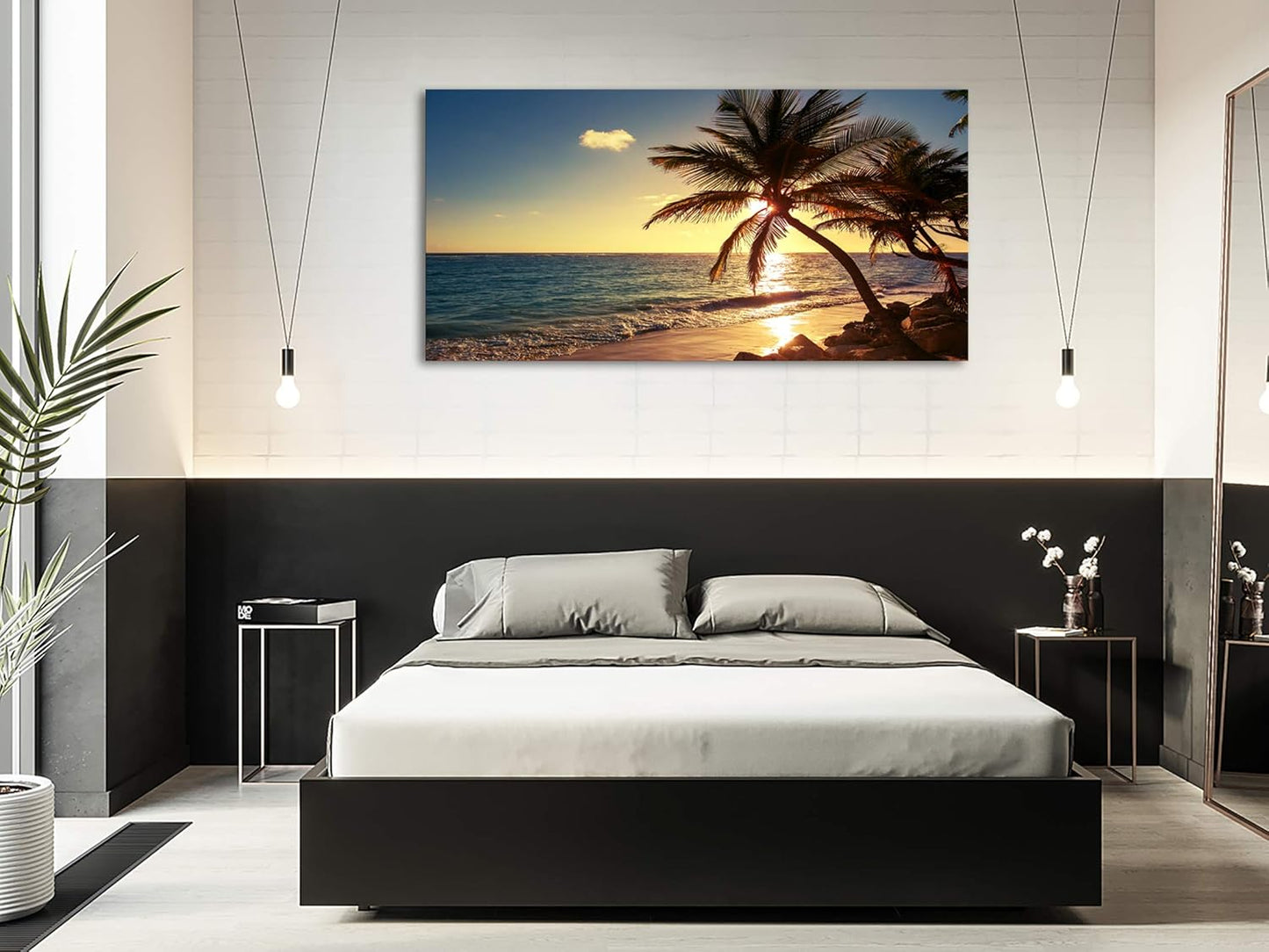 Muolunna S04975 Wall Art Decor Large Canvas Print Picture Sunset Ocean Beach Waves 1 Panel Coconut tree Scenery Painting Artwork for Office Home Decoration Stretched and Framed Ready to Hang XLarge