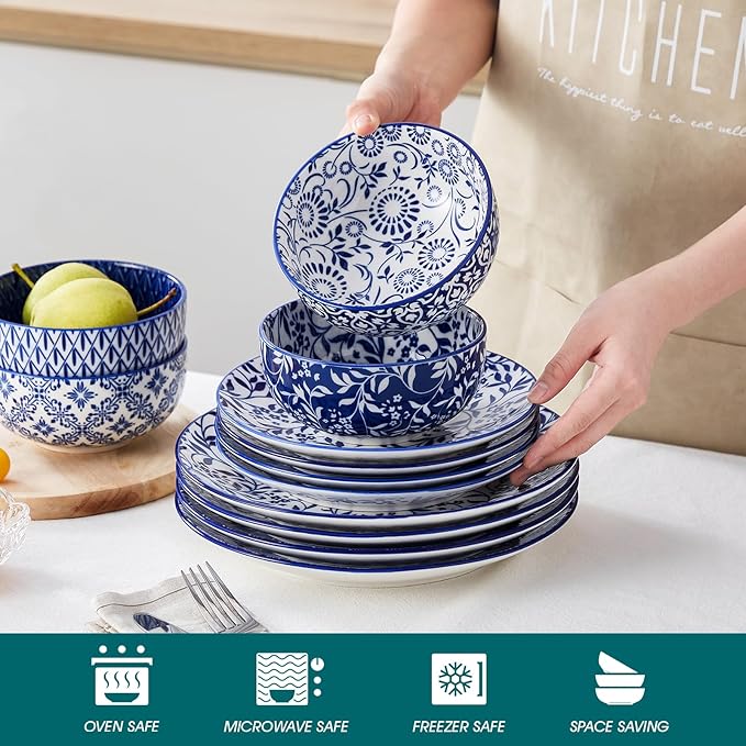 vancasso SELENE Plates and Bowls Set for 4, 12 Pieces Dinnerware Sets, Mircowave and Dishwasher Safe Dishes Set, Porcelain Blue Dinnerware