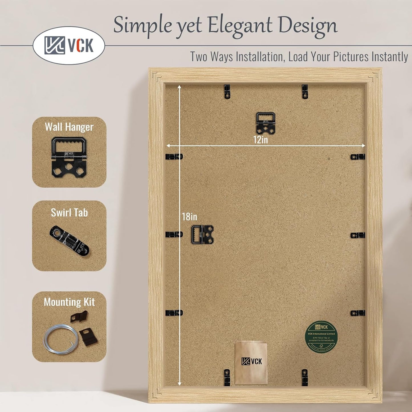 VCK 12x18 Oak Wood Frame for Poster & Picture, Natural Solid Wood Photo Frames 5 Pack, Wall Gallery Frame