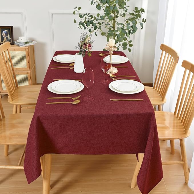 JIUZHEN Red Faux Linen Farmhouse Tablecloth Rectangular, Wrinkle Stain Resistant Table Cloth Rectangle Tablecloth Table Cover for Kitchen Dining, 54 x 120 Inch