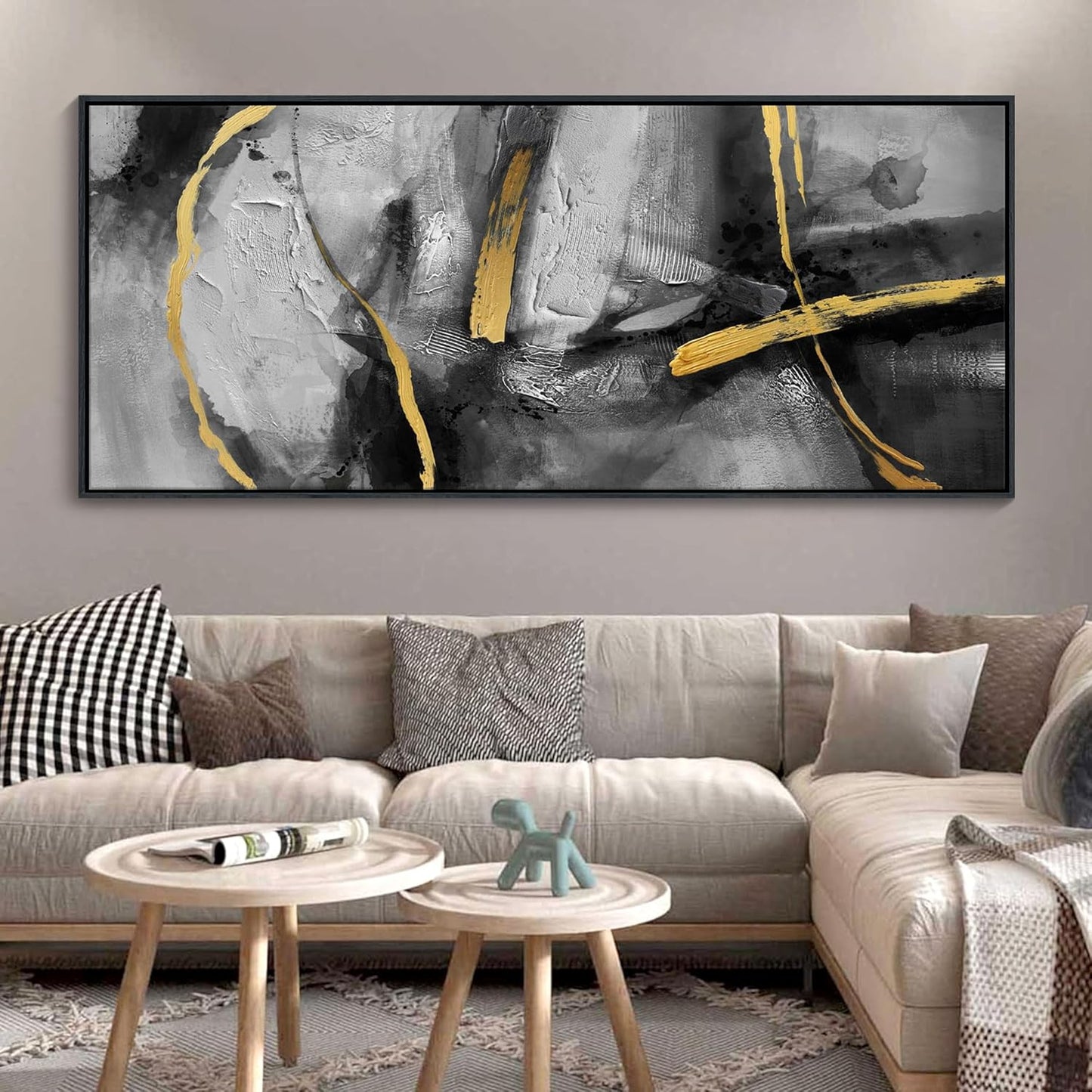 CHATYOUNG Abstract Black Gray Gold Large Canvas Wall Art, Hand-Painted Golden Line Wall Paintings Framed Artwork for Living Room Bedroom Cafe Above Sofa Office Extra Large Home Decor 32"X71"