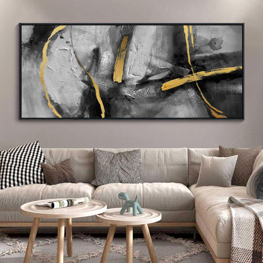 CHATYOUNG Abstract Black Gray Gold Large Canvas Wall Art, Hand-Painted Golden Line Wall Paintings Framed Artwork for Living Room Bedroom Cafe Above Sofa Office Extra Large Home Decor 32"X71"