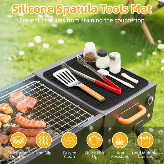 Blackstone Griddle Accessories Silicone Grill Side Shelf Tool Mat, Outdoor BBQ Spatula Mat, with Drip Pad Kitchen Countertop Heat Resistant Mat (Black)