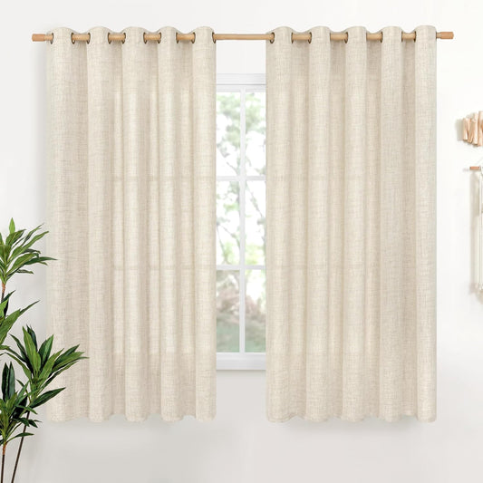YoungsTex Linen Curtains 63 Inch Length for Living Room, Cream Semi Sheer Window Drapes with Bronze Grommet Light Filtering for Bedroom Farmhouse Rustic, 60 x 63 Inch, 2 Panels