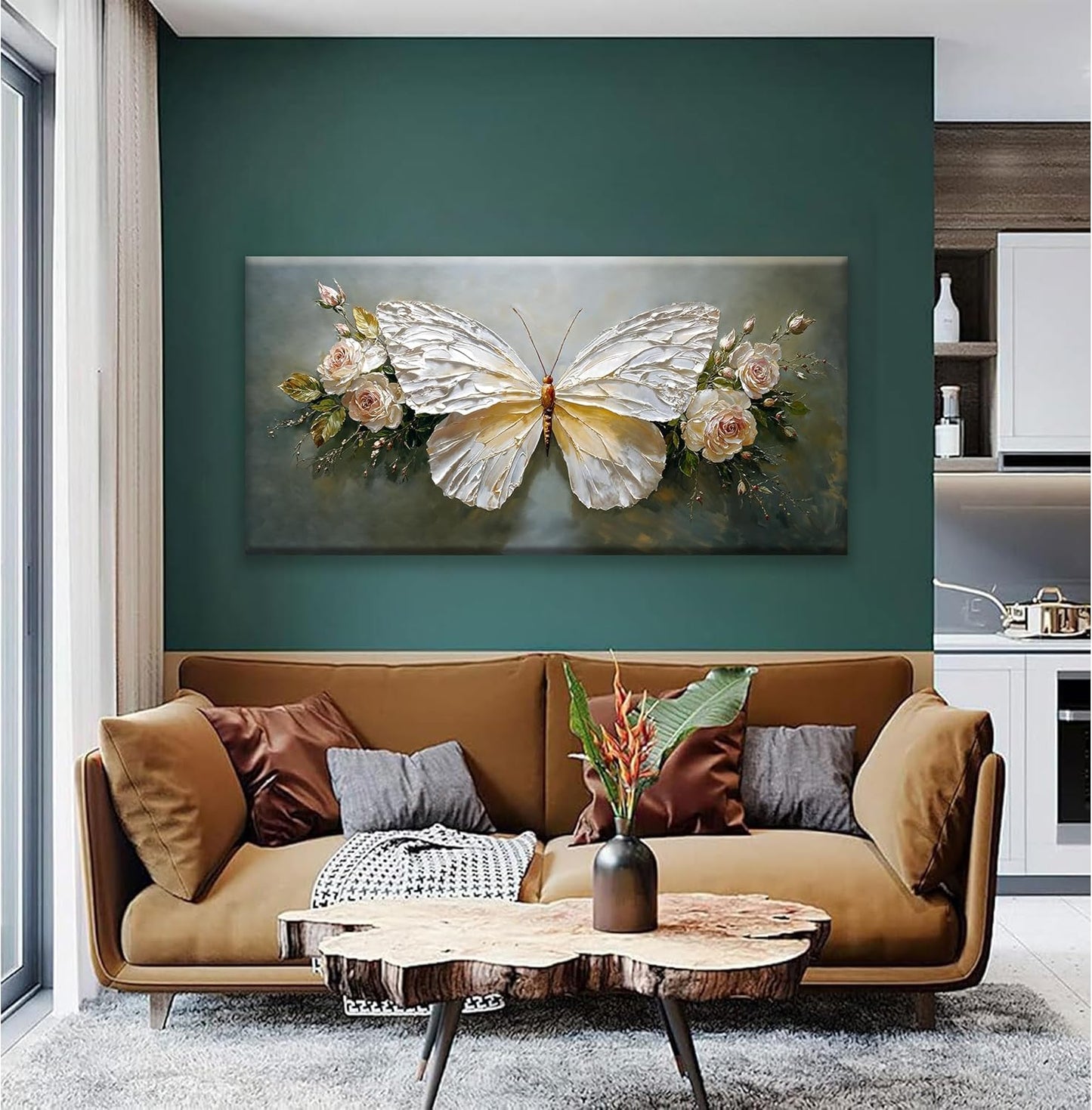 Modern Abstract Wall Art White Simple Butterfly And Rose Wall Art Decor Canvas Art Wall Decor For Bedroom Living Room Kitchen Bathroom Office 24x48 Inch Home Wall Decor