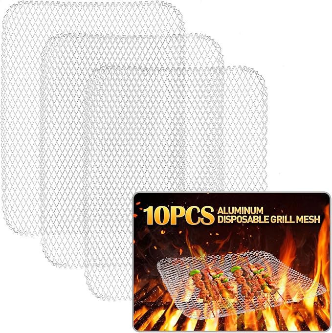 10 Pcs Disposable Grill Topper,16x12 Inch Grill Mesh Mat Disposable Pans,Non-Stick BBQ Aluminum Mats for Outdoor Grills, Easy to Clean
