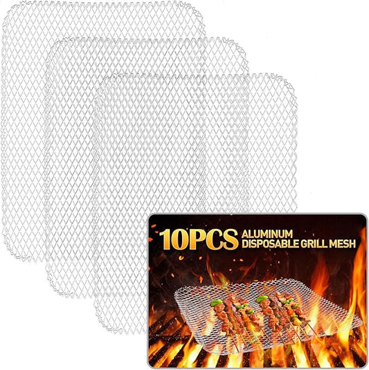 10 Pcs Disposable Grill Topper,16x12 Inch Grill Mesh Mat Disposable Pans,Non-Stick BBQ Aluminum Mats for Outdoor Grills, Easy to Clean
