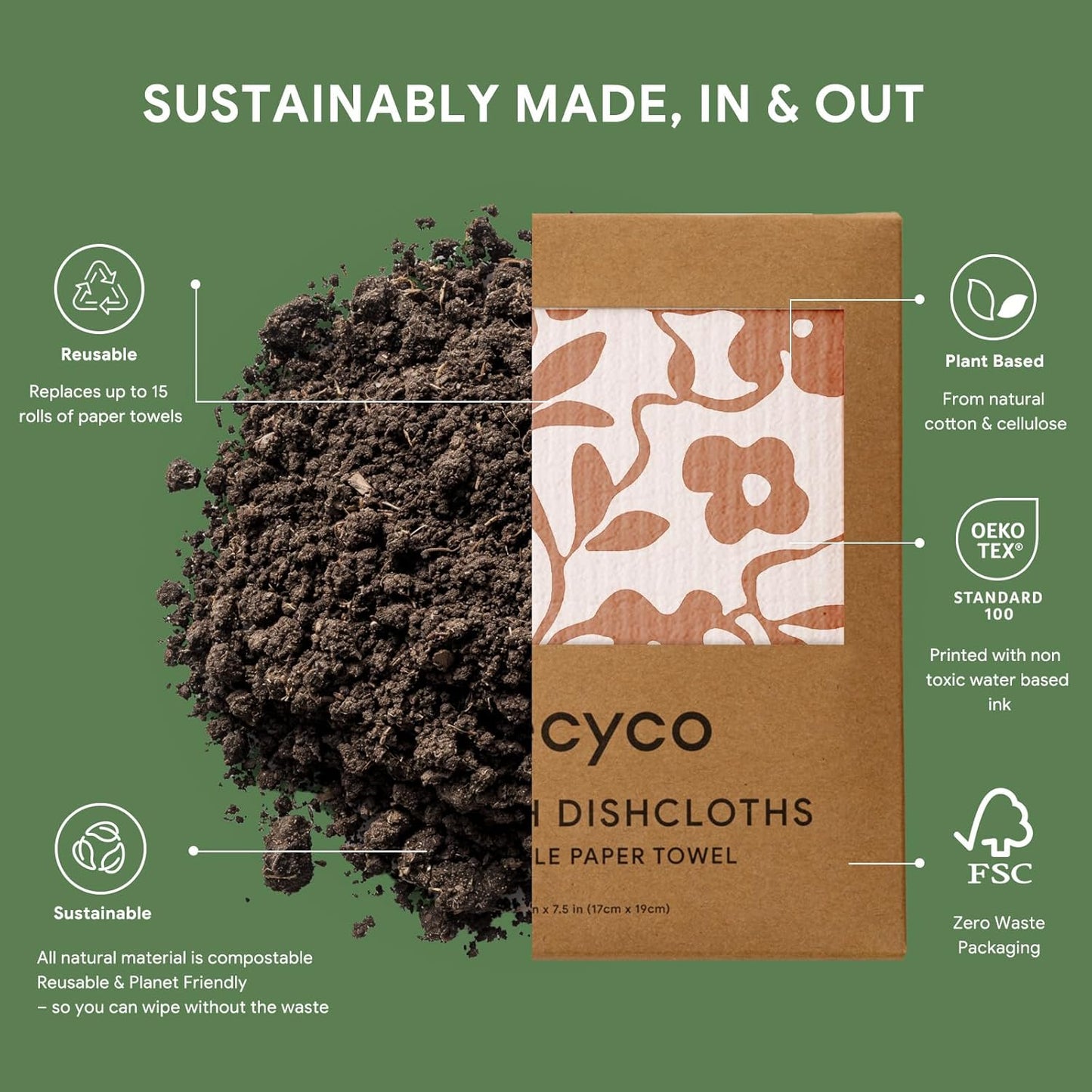 RECYCO Swedish Dishcloths for Kitchen | 6 Pack Floral Geo Washable Dish Rags | Cellulose Reusable Cleaning Paper Towels | Absorbent Counter Dish Cloth Sponge Kitchen Wipes, 8" L x 7" W