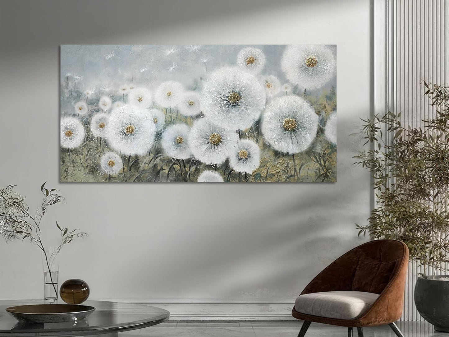 Ardemy Dandelions Wall Art Large Floral Pictures Wall Decor Living Room Flowers Paintings Textured Artwork for Walls Bedroom Kitchen Dining Room Home Office, 48"x24"