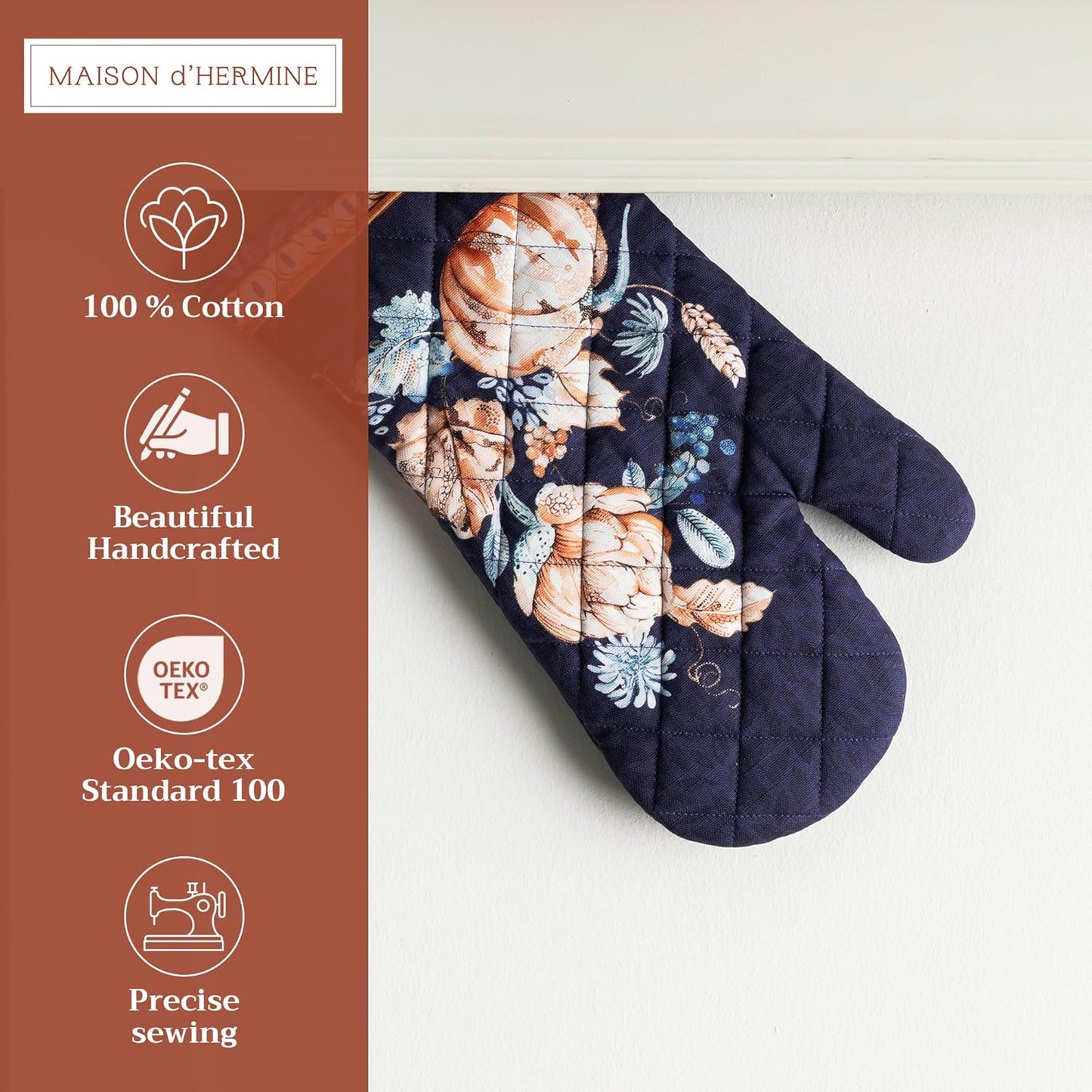 Maison d' Hermine Oven Gloves 100% Cotton Oven Mitt 7" x 13" with Loop Heat Resistant BBQ Cooking Gloves for Thanksgiving Christmas Decorations Baking Handling Hot Pans (Pack of 1, Pumpkin Blues)