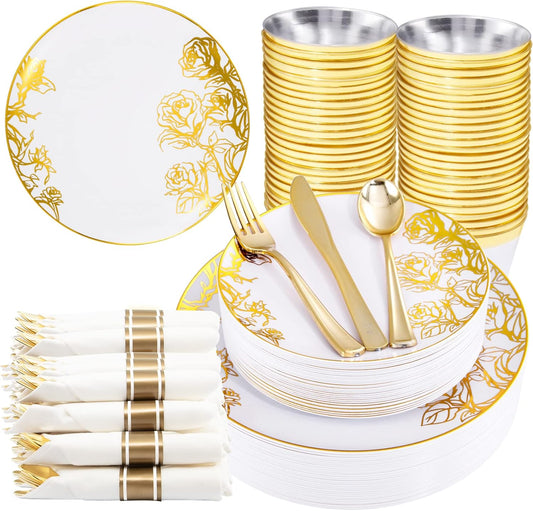 DaYammi 210Pcs White Gold Plastic Plates for Party,Thanksgiving Gold Disposable Dinnerware Set Includes 60 gold floral plates,30 plastic Silverware,30 Per Rolled Napkins,30 Plastic Cups for Party
