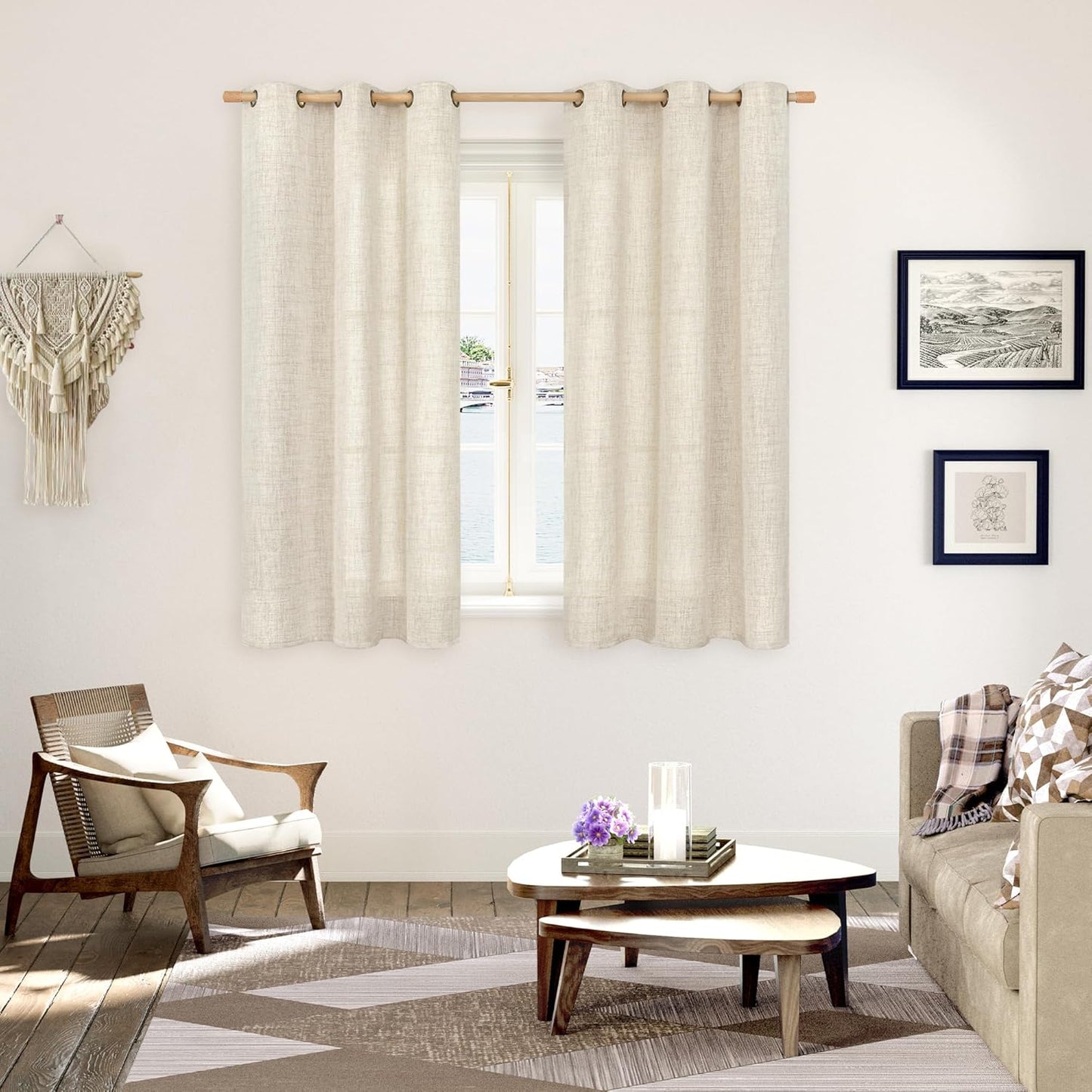 YoungsTex Linen Cream Curtains 54 Inches Length for Kitchen Bathroom Window, Boho Semi Sheer Drapes with Bronze Grommet Light Filtering for Bedroom Living Room, 42 x 54 Inch, 2 Panels