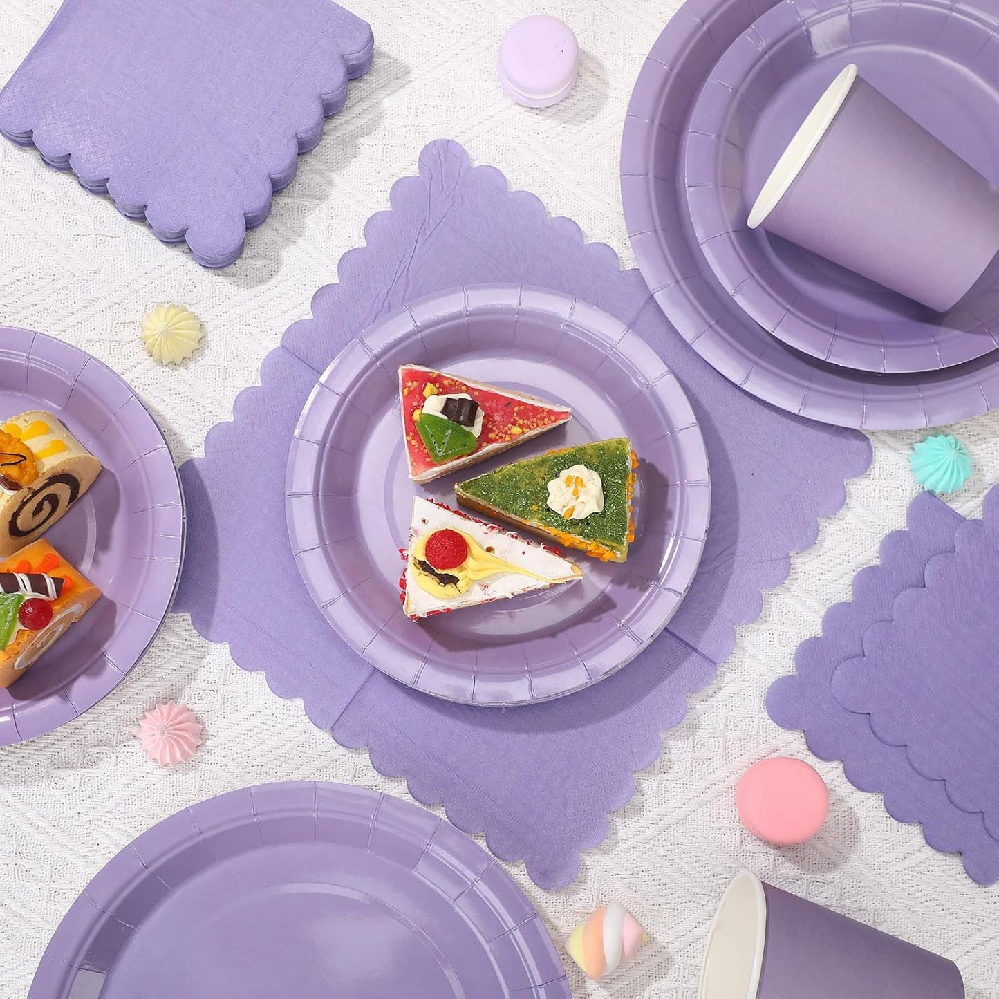 150 Pcs Disposable Party Dinnerware Supplies Set Includes 7'' 9'' Disposable Paper Plates 9oz Paper Cups Scalloped Cocktail Napkins for Baby Shower Birthday Wedding(Light Purple)