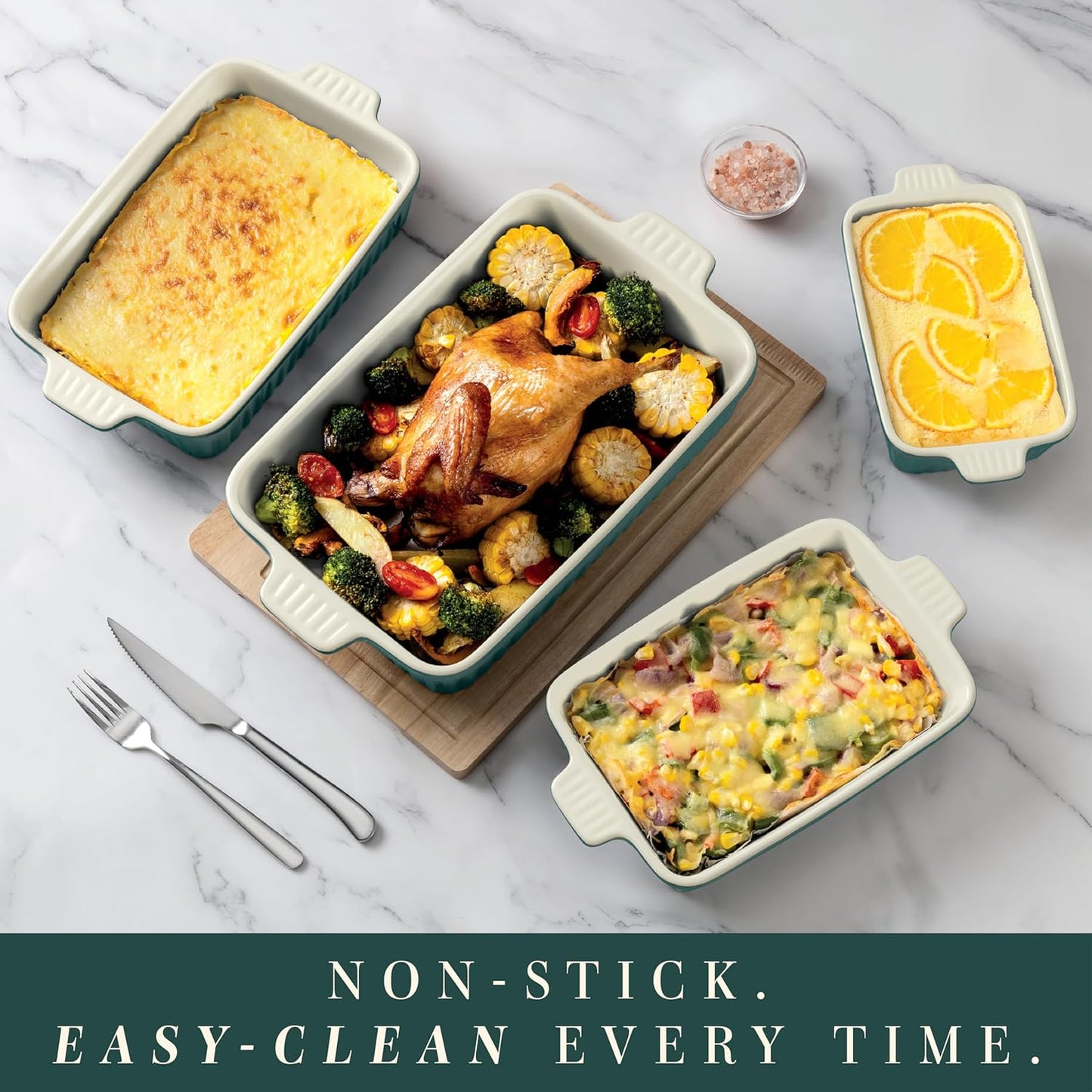 COOK WITH COLOR Casserole Dishes for Oven, Porcelain Baking Dishes, Ceramic Bakeware Sets of 4, Rectangular Pans Handles for Baking Cake Kitchen