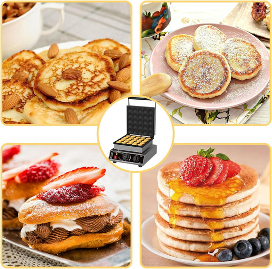 25-Cavity Commercial Mini Dutch Pancake Maker, 1750W Electric Nonstick Stainless Steel Pancake Machine with Timer and Lid for Restaurants, Parties, and Home Use