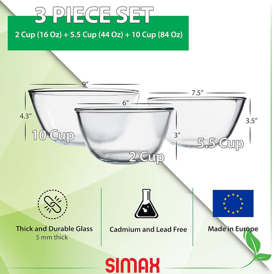 SIMAX Glass Mixing Bowls Set: Borosilicate Glass Mixing Bowls - Microwave, Oven & Dishwasher Safe - 3 Piece Set (2 Cup, 5.5 Cup, 10.5 Cup)