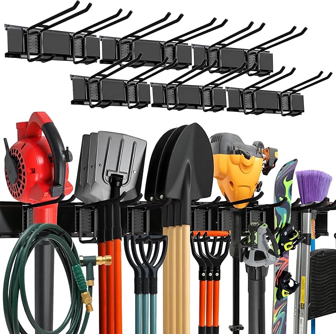 TIDYME Garage Wall Organizer | 96" Heavy-Duty Tool Storage Rack | Adjustable Double-Layer Hooks | 600 lbs Capacity | Carbon Steel Wall Mount Holder for Shovels, Rakes, Ladders & Power Tools