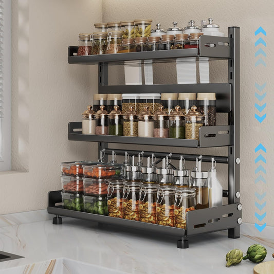 Spice Organization for Cabinet | 3 Tier Standing Height-Adjustable Spice Rack | Large Metal Rust-Proof Seasoning Organizer | Kitchen Storage Organization Shelf for Pantry Bathroom (3-40CM Black)