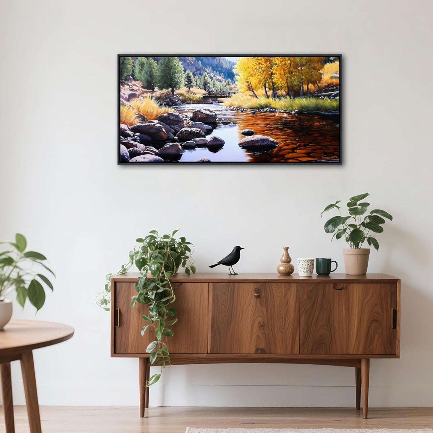 CHATYOUNG Fall Forest Wall Art, Yellow Green Tree River Landscape Canvas Picture Country Style Nature Lake Mountain Paintings Artwork for Living Room Bedroom Bathroom Office Home Wall Decor 20"X40"