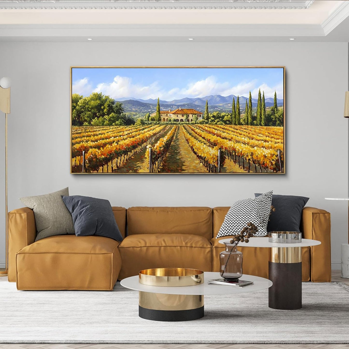 XLSJERST Fall Picture - Orange Wall Art Vineyard Large Landscape Autumn Framed Wall Decor Living Room Vintage Artwork Nature Forest Canvas Wall Art for Bedroom Office Fall Wall Decor - 40x20 Inches