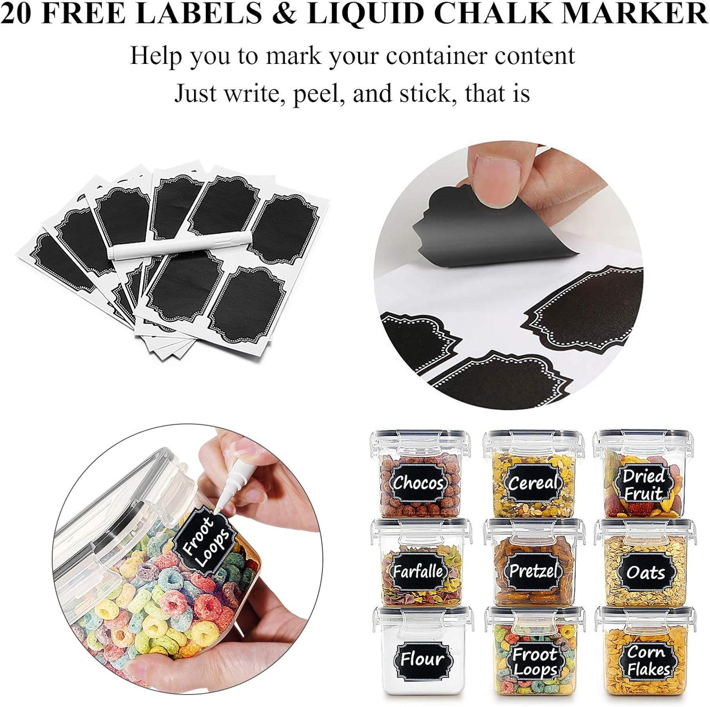 Wildone Cereal & Dry Food Storage Container Set of 16 [0.8L /3.38 Cups] for Sugar, Flour and Baking Supplies, Airtight Leak-proof & BPA Free, with 20 Labels & 1 Marker