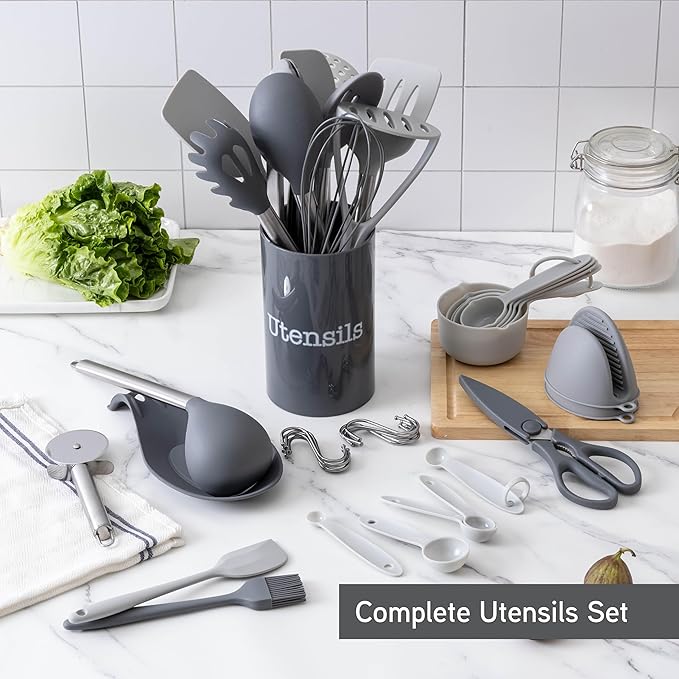 COOK WITH COLOR Silicone Cooking Utensils, Kitchen Utensil Set, Easy to Clean Silicone Kitchen Utensils, Cooking Utensils for Nonstick Cookware, Kitchen Gadgets Set, 38 Piece, Gray