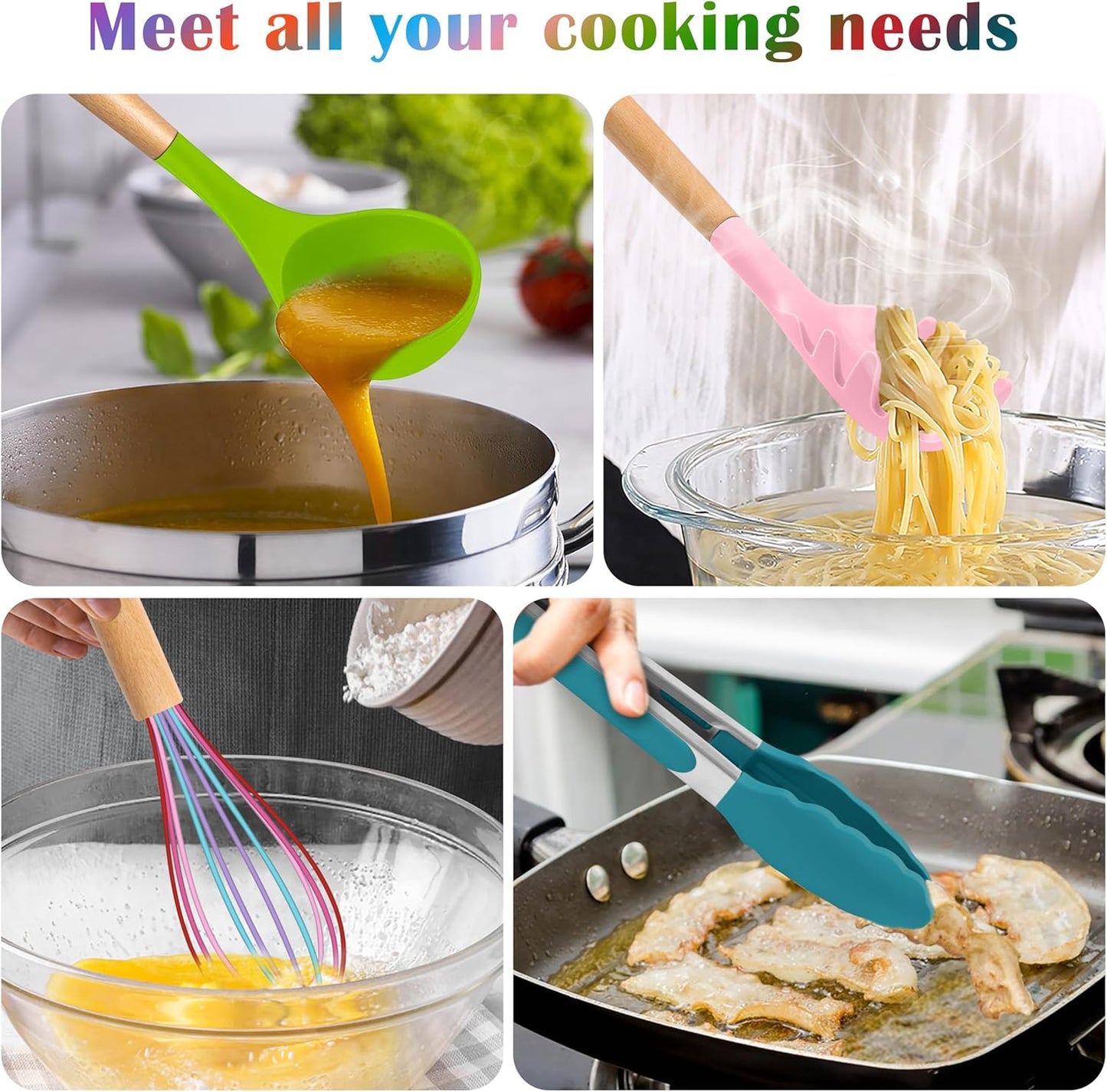 E-far Silicone Cooking Utensils Set, 10-Piece Kitchen Utensils Set with Wooden Handle for Nonstick Cookware, Heat Resistant Kitchen Nonstick Tools Spatula Whisk Ladle, Non-toxic & Healthy - Colorful