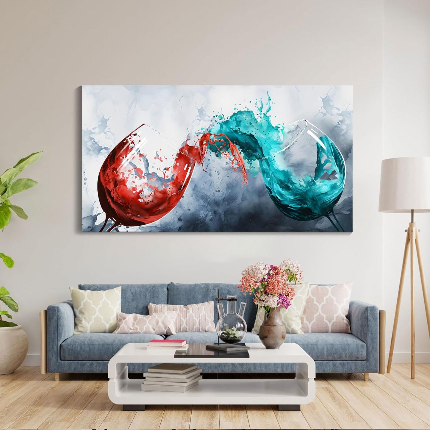 Pogusmavi Dining Room Wall Art Wine Glass Canvas Wall Pictures Kitchen Art Wall Decor Blue & Red Wine Cups Painting Modern Wall Art for Living Room Office Artwork Wall Decor 30x60IN
